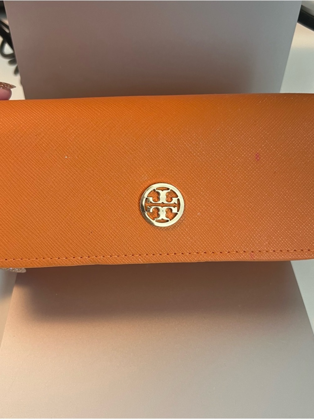 Tory Burch Orange Saffiano Leather Eyewear Case Gold Logo Quiet Luxury Travel
